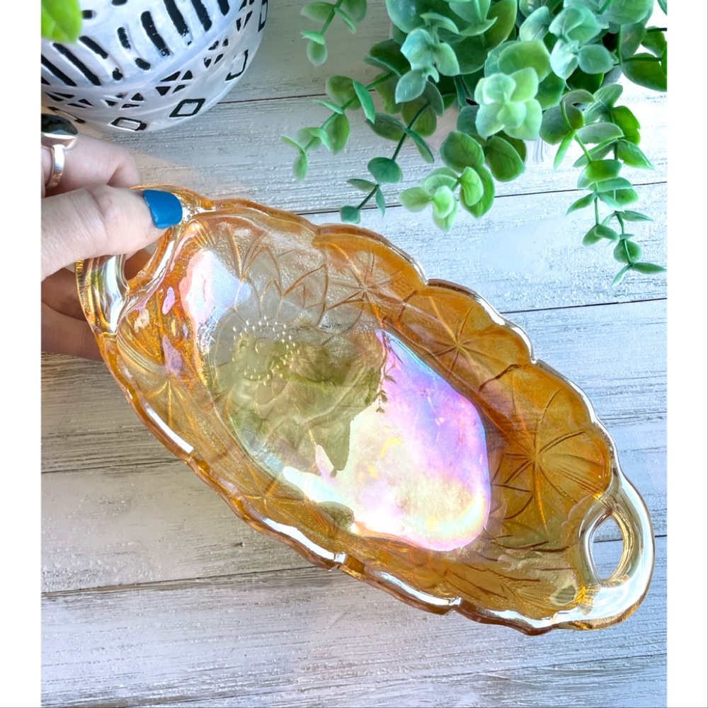 Vintage marigold carnival glass sunflower pattern pickle dish candy trinket dish